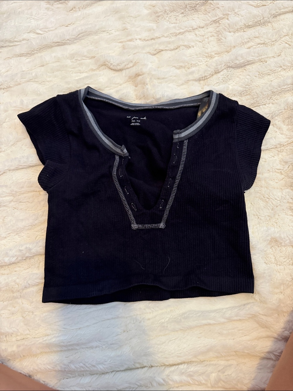 Urban Outfitters Black Ribbed Henley Crop Top with Gray Trim